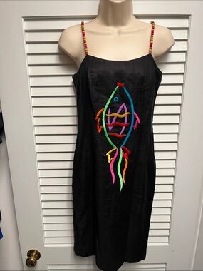 Vintage Deborah laws Black Mini Dress with Colorful Fish Embroidery